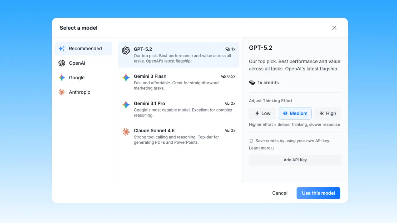 Choose your preferred AI model provider for Google Ads AI agent workflows