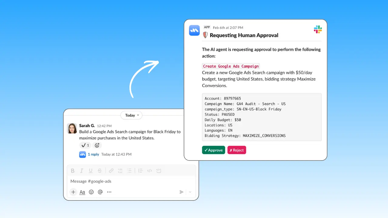 Approval flow for Google Ads changes in chat and Slack