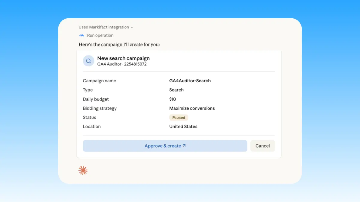 Create Google Ads campaigns from Claude using Markifact