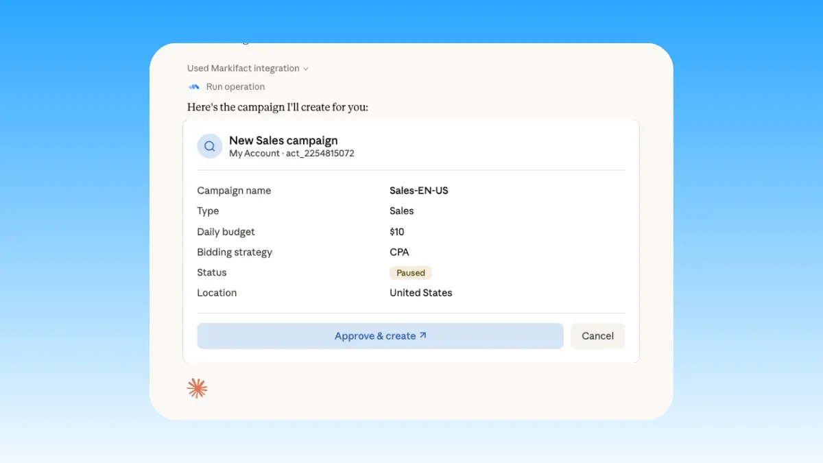 Create Meta Ads campaigns and ad creatives from Claude using Markifact